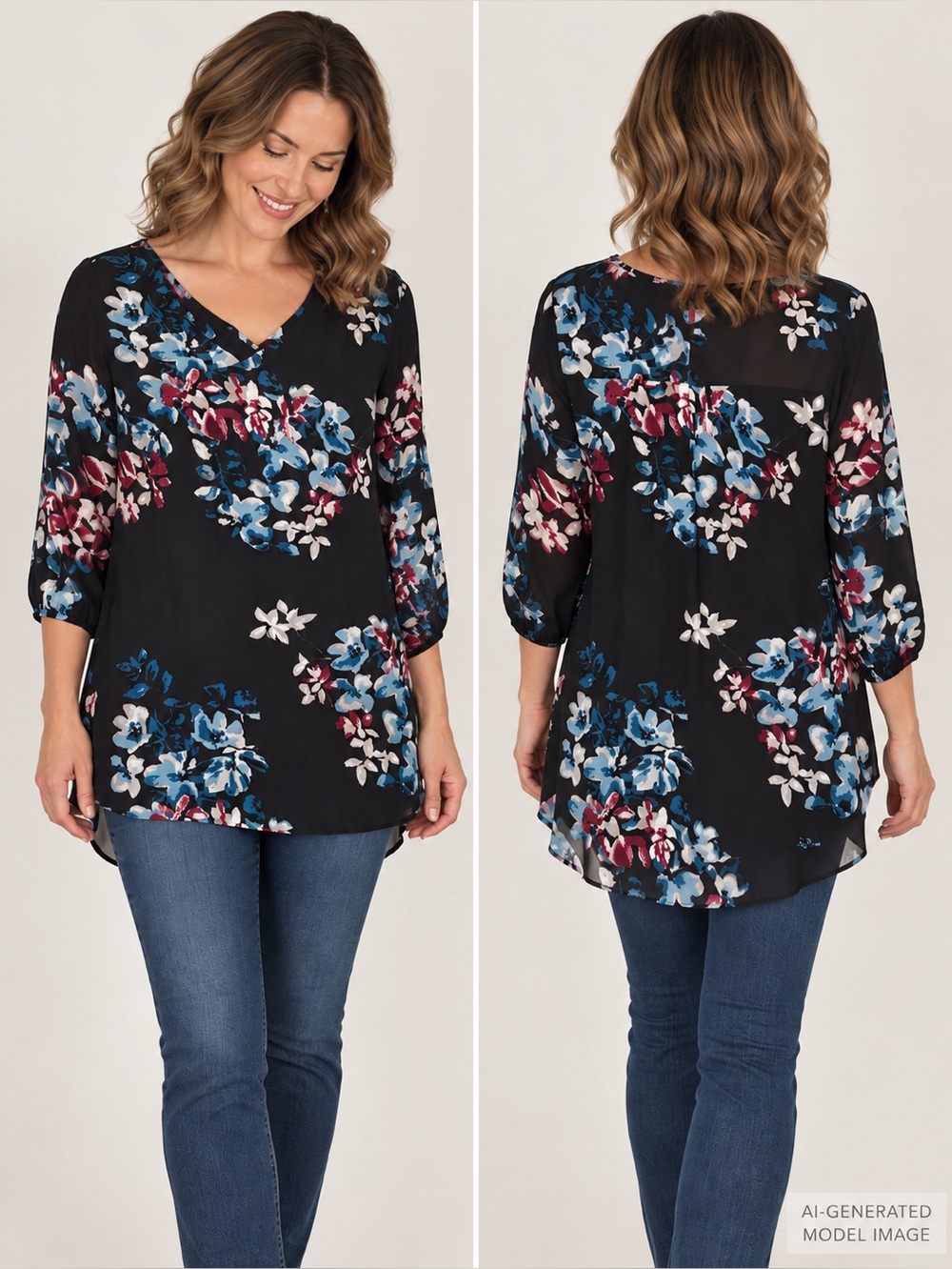 Ricki's Black Floral Scoop-Neck Tunic with Blue and Burgundy Blooms